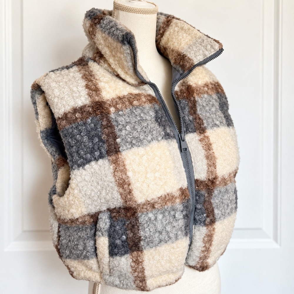 Stoosh Womens XL Plaid Sherpa Puffer Vest Cropped Funnel Neck Grey Cream Brown